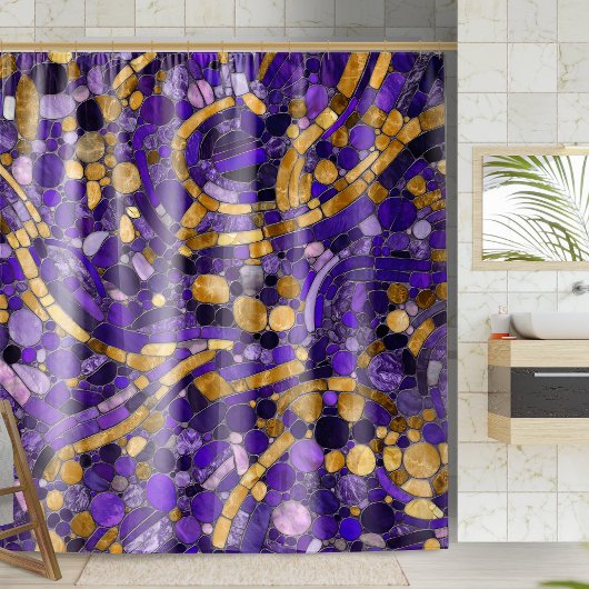 Mosaikkunst aus Kieselsteinen - Amethyst und Gold Duschvorhang