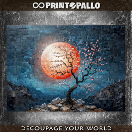 Mosaiklandschaft mit roter Sonne und Kirschbaum Seidenpapier