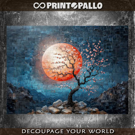 Mosaiklandschaft mit roter Sonne und Kirschbaum Seidenpapier