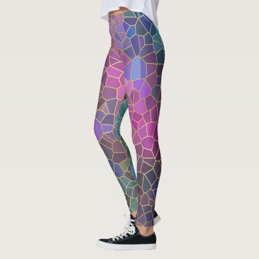 Mosaikmuster aus rosa Lila, Aquamarinem, blaugrüne Leggings (Links)