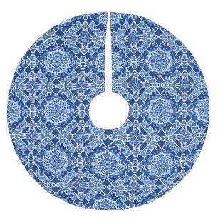 Mosaikmuster in Indigo und Cobalt Blue Polyester Weihnachtsbaumdecke