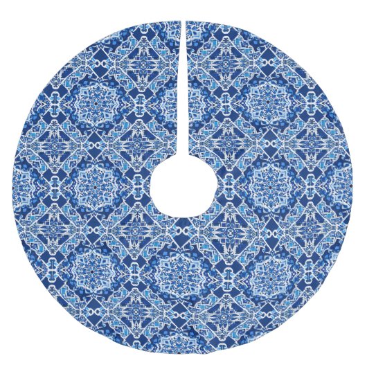Mosaikmuster in Indigo und Cobalt Blue Polyester Weihnachtsbaumdecke (Vorderseite)
