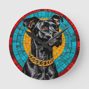 Mosaikporträt eines schwarzen Hundes Runde Wanduhr