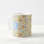 MOSAISCHE QUILT Weiße Tasse + Text / Blau (Vorderseite Links)