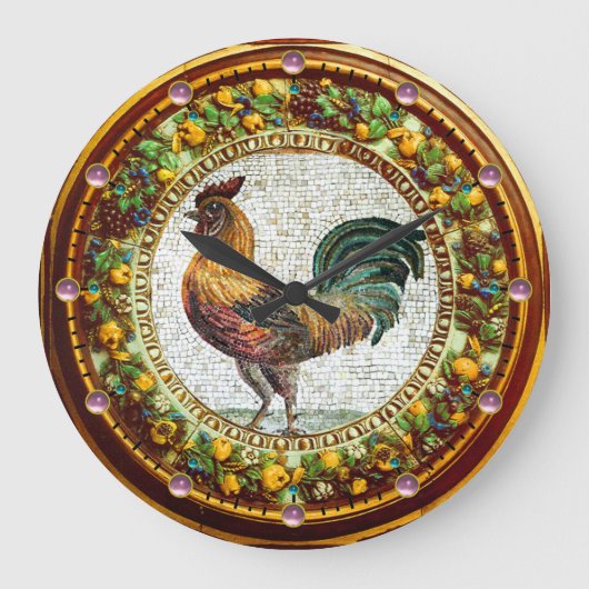 MOSAISCHER ROOSTER, ANTIQUE BLUMENKROCKE MIT OBST GROßE WANDUHR (Vorderseite)