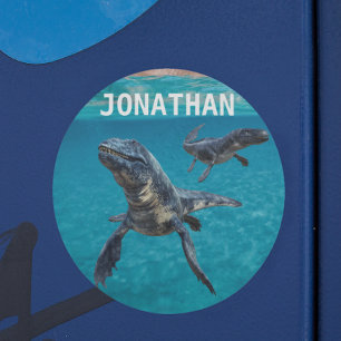 Mosasaur Water Dinosaurier Monogrammname Runder Aufkleber