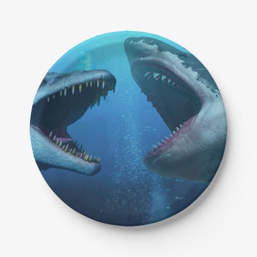 Mosasaurus versus Megalodon Pappteller (Vorderseite)