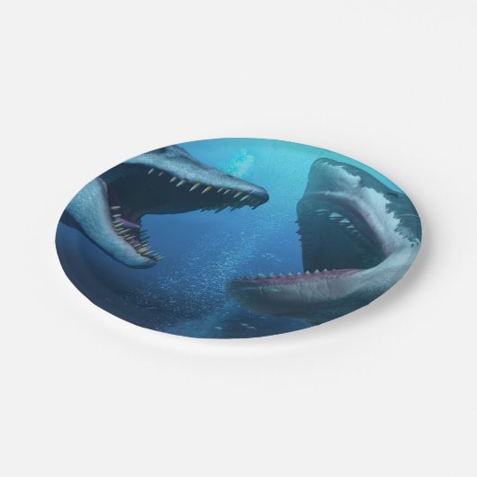 Mosasaurus versus Megalodon Pappteller (Schrägansicht)