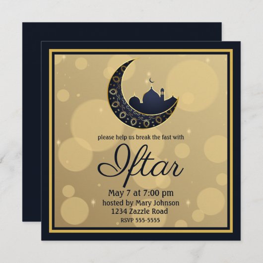 Moschee Crescent Moon Ramadan, blau, gold Einladung (Vorne/Hinten)