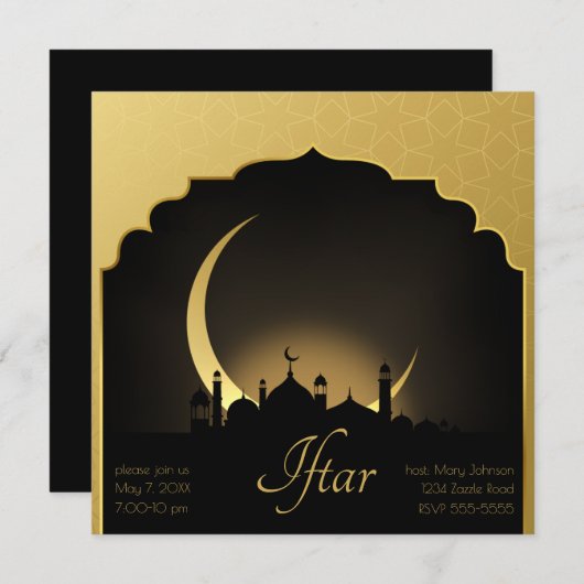 Moschee Crescent Moon Ramadan, Gold, Schwarz Einladung (Vorne/Hinten)