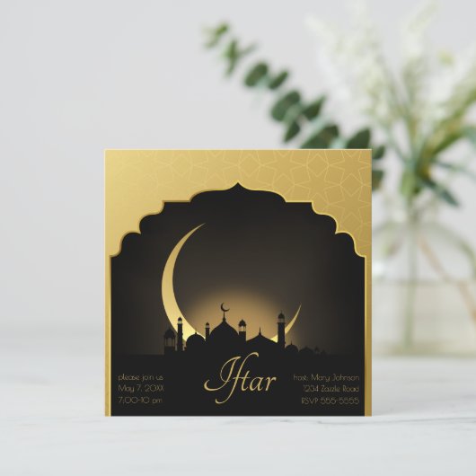 Moschee Crescent Moon Ramadan, Gold, Schwarz Einladung (Stehend Vorderseite)
