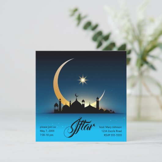 Moschee Crescent Moon Ramadan, türkis, schwarz Einladung (Stehend Vorderseite)