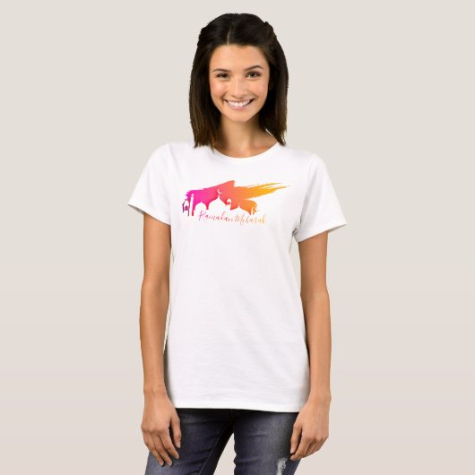 Moschee mit farbenfroher Sky Ramadan Mubarak T-Shirt (Vorne ganz)