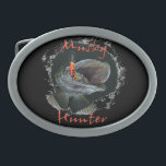 Moschusartiger Jäger 2 Ovale Gürtelschnalle<br><div class="desc">Moschusartiger Jäger,  der voll den Mund der Zähne zur Schau stellt,  die diese Monsterfische haben</div>