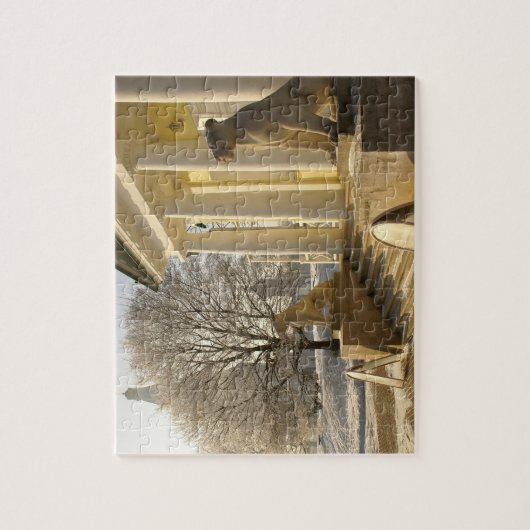 Moskau. Winter. Löwenskulptur. Puzzle (Vertikal)