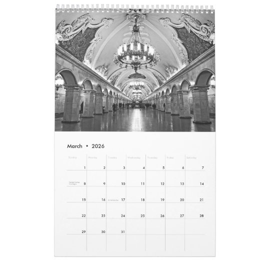 Moskauer U-Bahn 12 Monate in Schwarz-Weiß Kalender (Mär 2026)