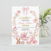 Moslem Pink Bow Coquette Baby Carriage Baby Dusche Einladung (Stehend Vorderseite)