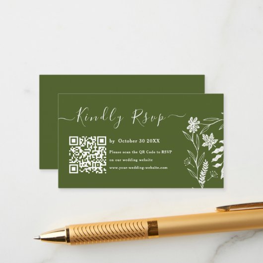 Moss Green Boho Typografie QR Code UAWG Wedding Begleitkarte (Vorderseite/Rückseite Beispiel)
