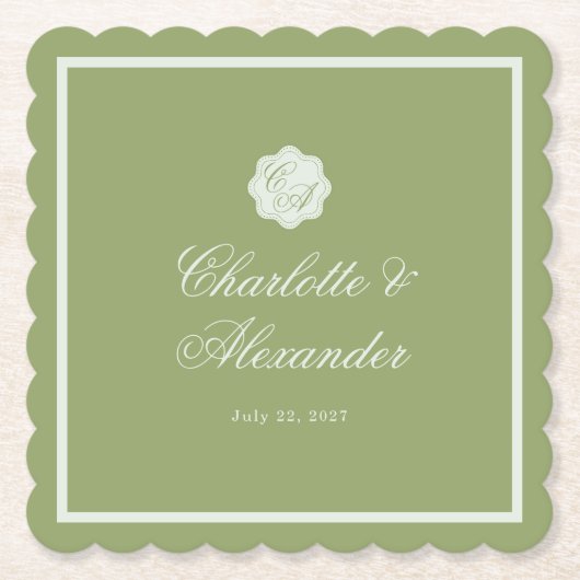 Moss Green Calligraphy Wedding Paper Coaster Untersetzer (Vorderseite)