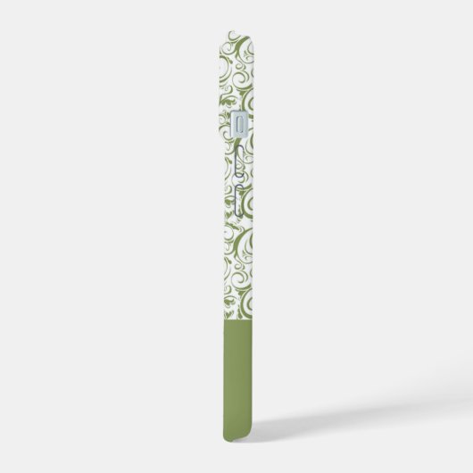 Moss Green Damask Muster Monogram iPhone 15 Hülle (Linke Seite)