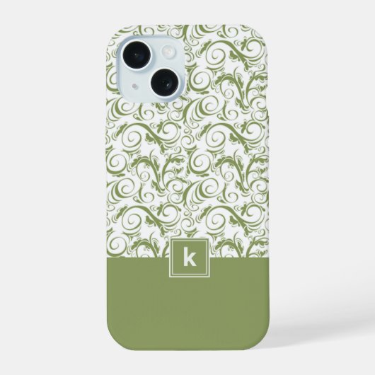 Moss Green Damask Muster Monogram iPhone 15 Hülle (Rückseite)