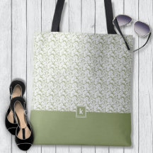 Moss Green Damask Muster Monogram Tote Bag
