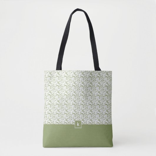 Moss Green Damask Muster Monogram Tote Bag Tasche (Vorderseite)