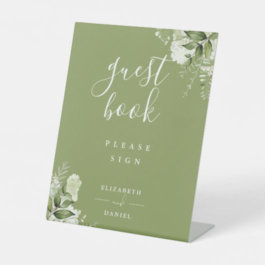 Moss Green Elegant Blumengrün Gästebuch Sockelschild (Vorderseite)