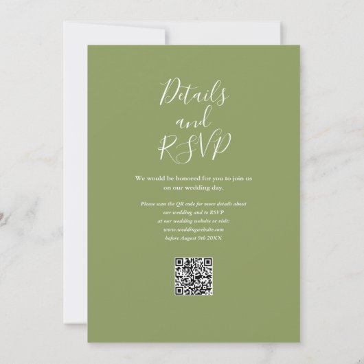 Moss Green Elegant Modern QR Code Hochzeit Einladung (Rückseite)