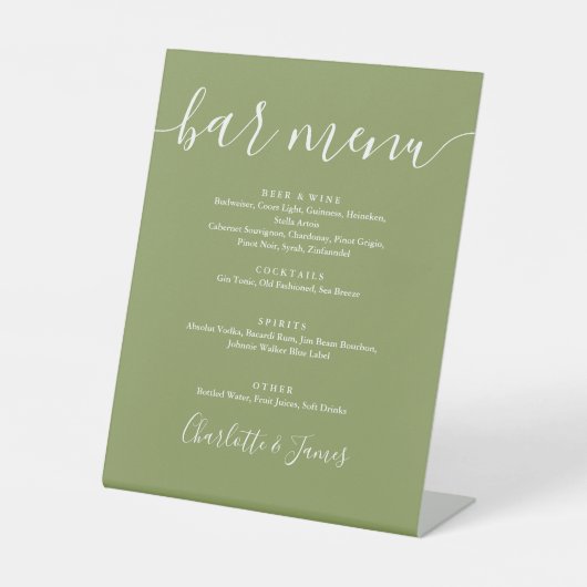 Moss Green Elegant Modern Script Wedding Bar Menu Sockelschild (Vorderseite)