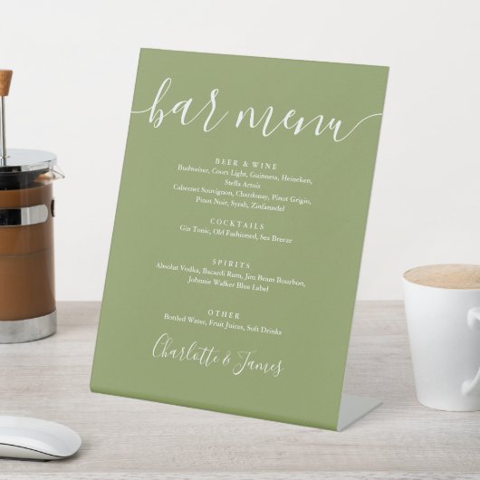 Moss Green Elegant Modern Script Wedding Bar Menu Sockelschild (In SItu)