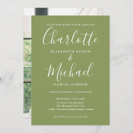 Moss Green Elegant Modernes Script Foto Hochzeit Einladung