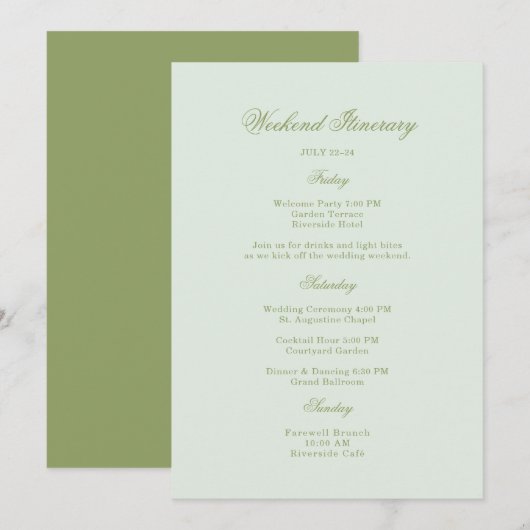 Moss Green Estate Wedding Itinerary Card Einladung (Vorne/Hinten)