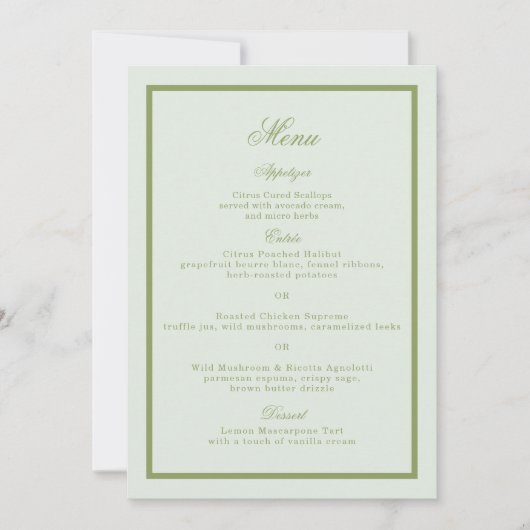 Moss Green Estate Wedding Menu Card Einladung (Vorderseite)