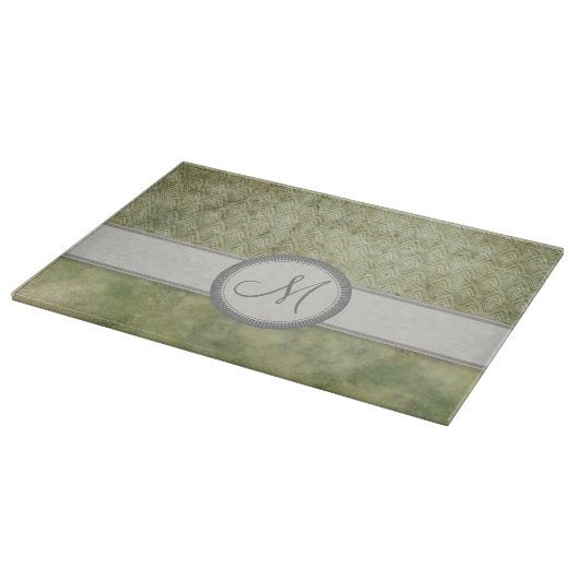 Moss Green Feather Pattern mit grauem Monogramm Schneidebrett (Ecke)