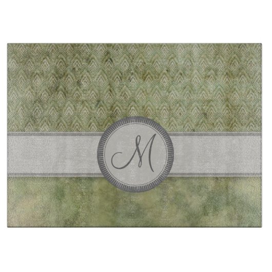 Moss Green Feather Pattern mit grauem Monogramm Schneidebrett (Vorderseite)
