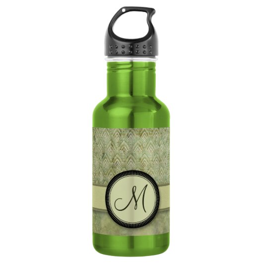 Moss Green Feather Pattern mit Monogramm Edelstahlflasche (Vorderseite)