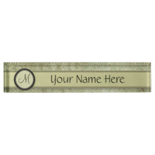 Moss Green Feather Pattern mit Monogramm Namensplakette
