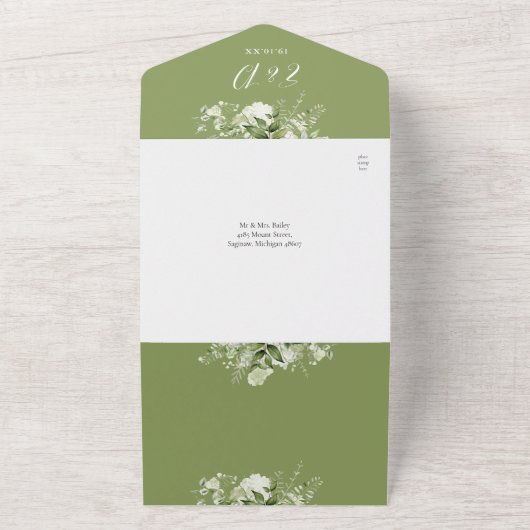 Moss Green Floral Greenerity QR Code Wedding All In One Einladung (Außenbereich)