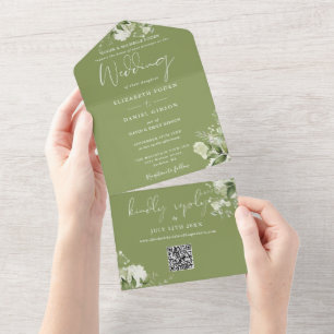 Moss Green Floral Greenerity QR Code Wedding All In One Einladung