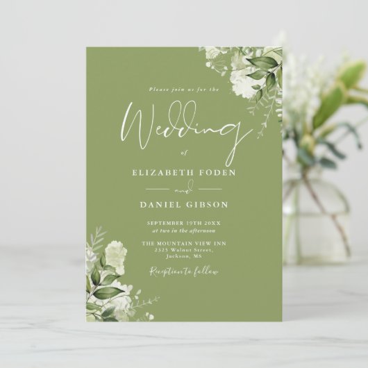 Moss Green Floral Greenerity QR Code Wedding Einladung (Stehend Vorderseite)