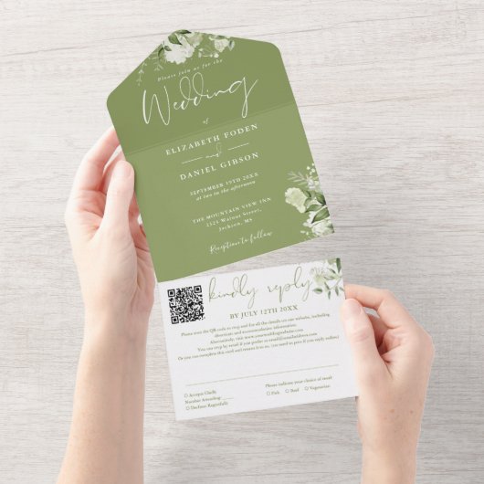 Moss Green Floral Monogram QR Code Wedding All In One Einladung (Abreißen)