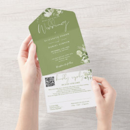 Moss Green Floral Monogram QR Code Wedding All In One Einladung