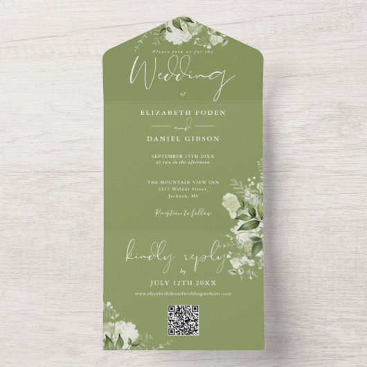 Moss Green Floral QR Code Monogram Wedding All In One Einladung (Innen Boden)