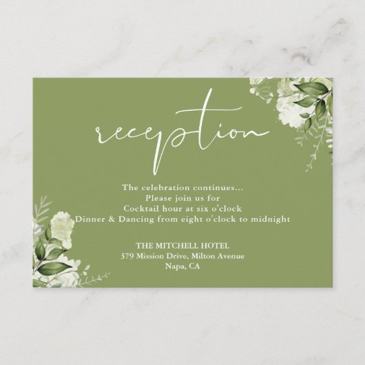 Moss Green Floral Script Hochzeitsempfang Begleitkarte (Vorderseite)