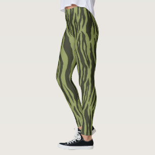 Moss Green Glamour Tiger Stripes Animal Print Leggings