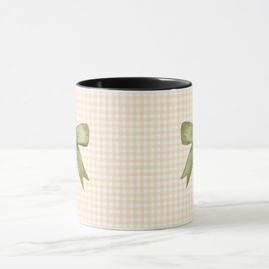Moss Green Glittered Bow auf Cream Gingham Tasse (Zentrum)