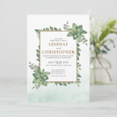 Moss Green Gold Watercolor Succulent Frame Wedding Einladung (Stehend Vorderseite)