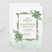 Moss Green Gold Watercolor Succulent Frame Wedding Einladung (Vorne/Hinten)
