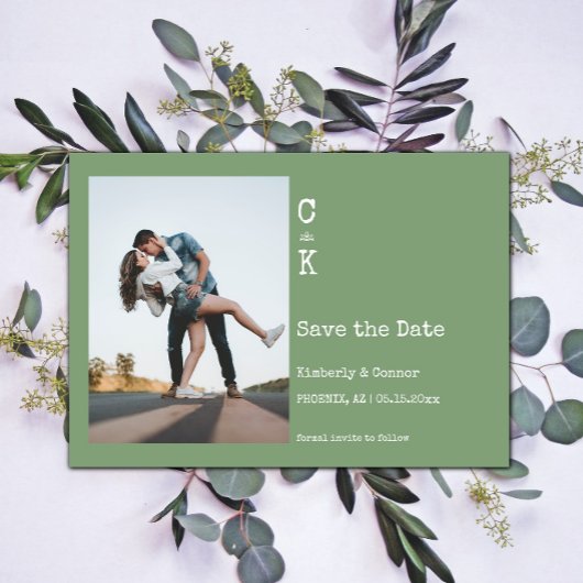 Moss Green Minimalistisch Monogram Foto Save The Date